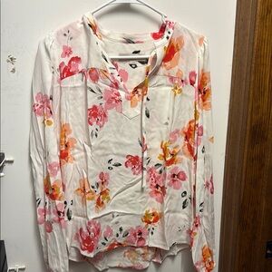 LOFT Pink and Orange Graphic Blouse with Mandarin Collar